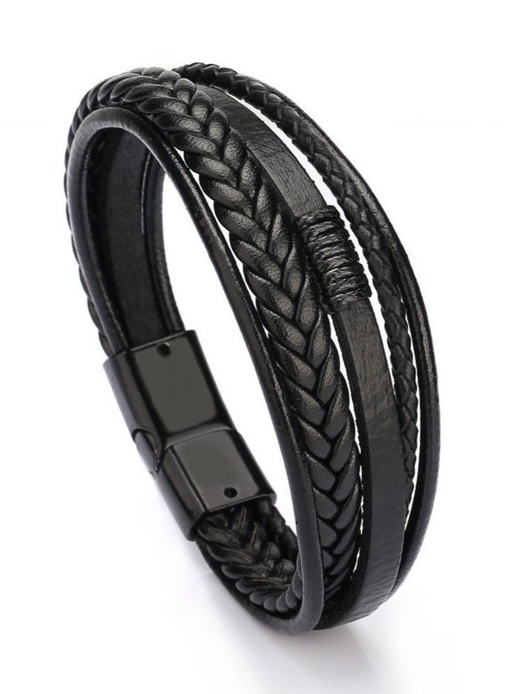 Mens Leather Bracelet with Clasp Cowhide Multi-Layer Braided  - Image 1