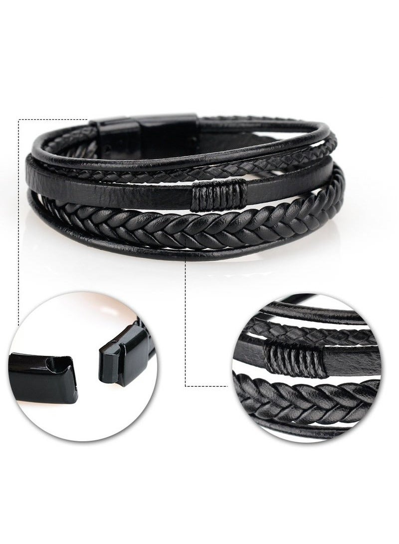 Mens Leather Bracelet with Clasp Cowhide Multi-Layer Braided  - Image 2