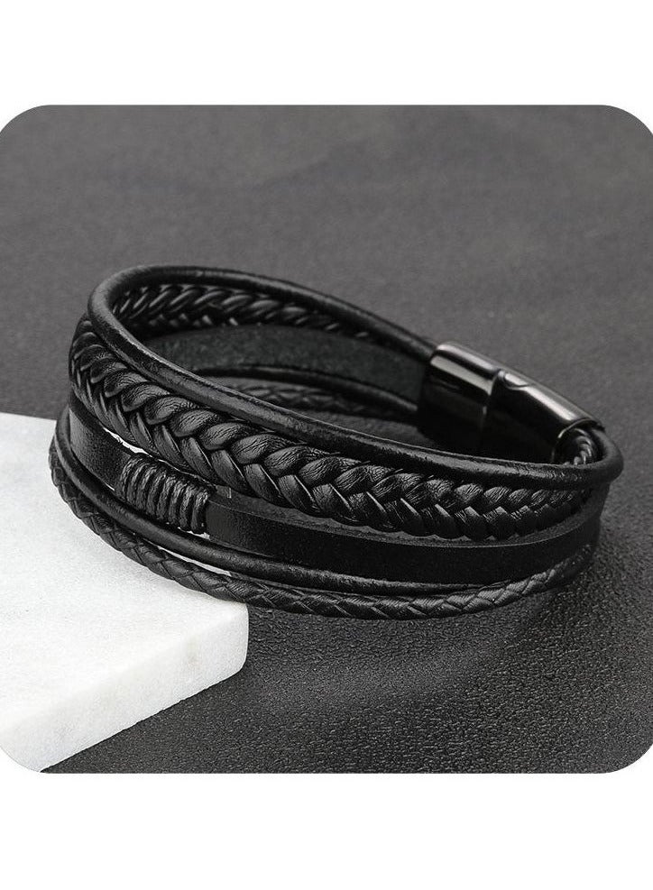 Mens Leather Bracelet with Clasp Cowhide Multi-Layer Braided  - Image 3
