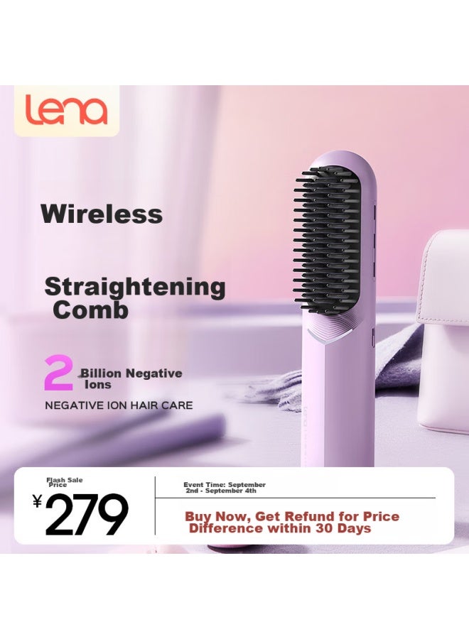 Lena Wireless Straightening Brush, Negative Ion, Hair-friendly, Rechargeable, Portable, Dual-use For Straightening And Curling, Hair Straightener, Flat Iron, Volumizing Brush, Volumizing Tool Ln-f8 Purple - Image 1