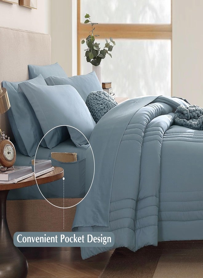 Monbix Comforter King Size, King Comforters Set 7 Piece, Breathable Solid Bedding Sets King with Comforters, Sheets, King Bed in A Bag with Sheets,Pillowcases & Shams (Dusty Blue, King, 102"x90") - Image 4