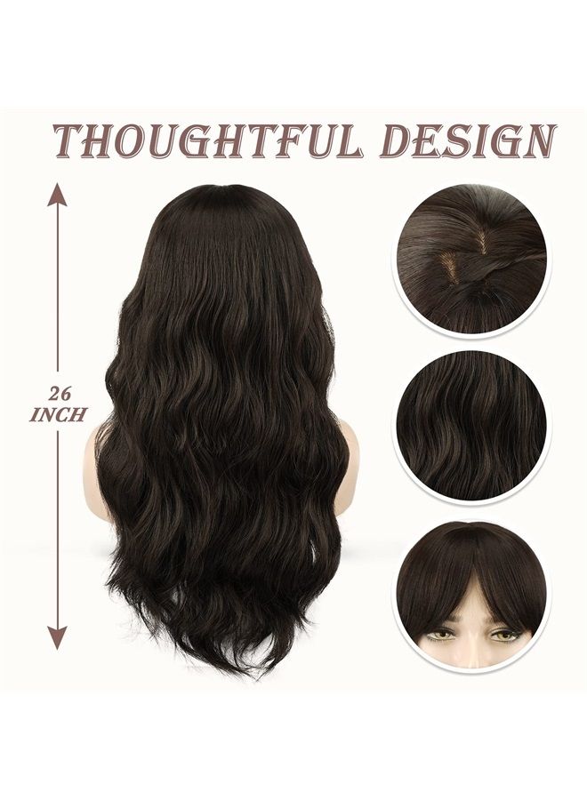 BARSDAR Long Wavy Brown Wig With Bangs, Dark Brown Wavy Wig With Bangs For Women Heat Resistant Synthetic Hair Wigs Brown Curly Wig Cosplay Natural Looking Daily Party Halloween-26'', Darkest Brown - Image 4