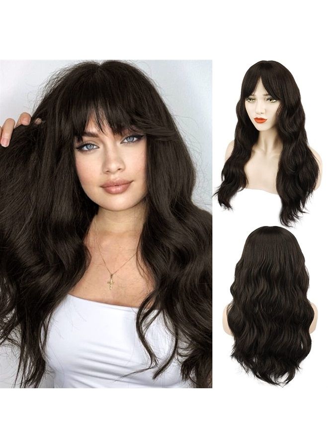 BARSDAR Long Wavy Brown Wig With Bangs, Dark Brown Wavy Wig With Bangs For Women Heat Resistant Synthetic Hair Wigs Brown Curly Wig Cosplay Natural Looking Daily Party Halloween-26'', Darkest Brown - Image 1