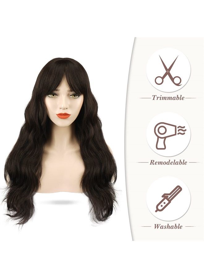 BARSDAR Long Wavy Brown Wig With Bangs, Dark Brown Wavy Wig With Bangs For Women Heat Resistant Synthetic Hair Wigs Brown Curly Wig Cosplay Natural Looking Daily Party Halloween-26'', Darkest Brown - Image 2