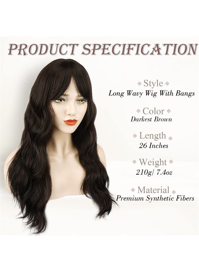 BARSDAR Long Wavy Brown Wig With Bangs, Dark Brown Wavy Wig With Bangs For Women Heat Resistant Synthetic Hair Wigs Brown Curly Wig Cosplay Natural Looking Daily Party Halloween-26'', Darkest Brown - Image 3