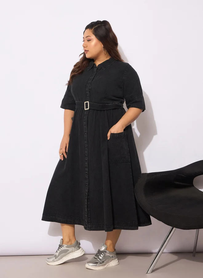 SASSAFRAS Belted Denim Midi Dress