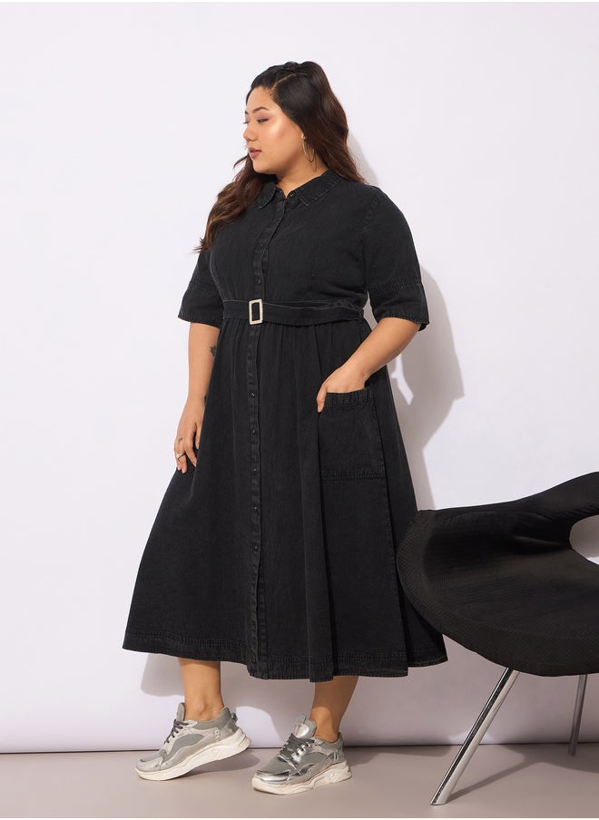 SASSAFRAS Plus Size Collared Buttoned Midi Dress with Belt  - Image 3