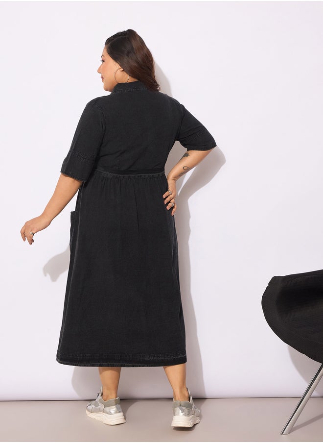 SASSAFRAS Plus Size Collared Buttoned Midi Dress with Belt  - Image 5