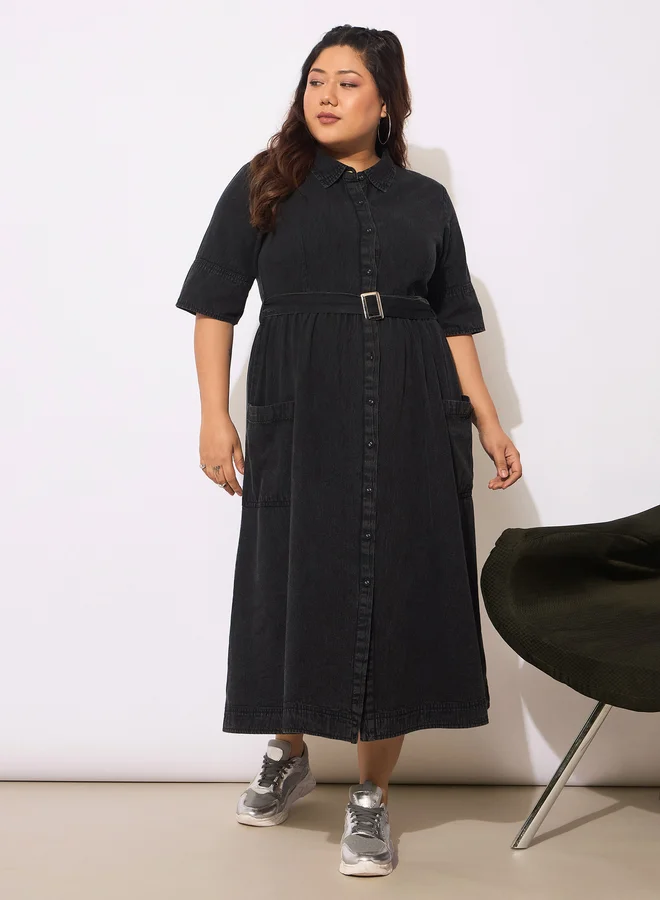SASSAFRAS Belted Denim Midi Dress
