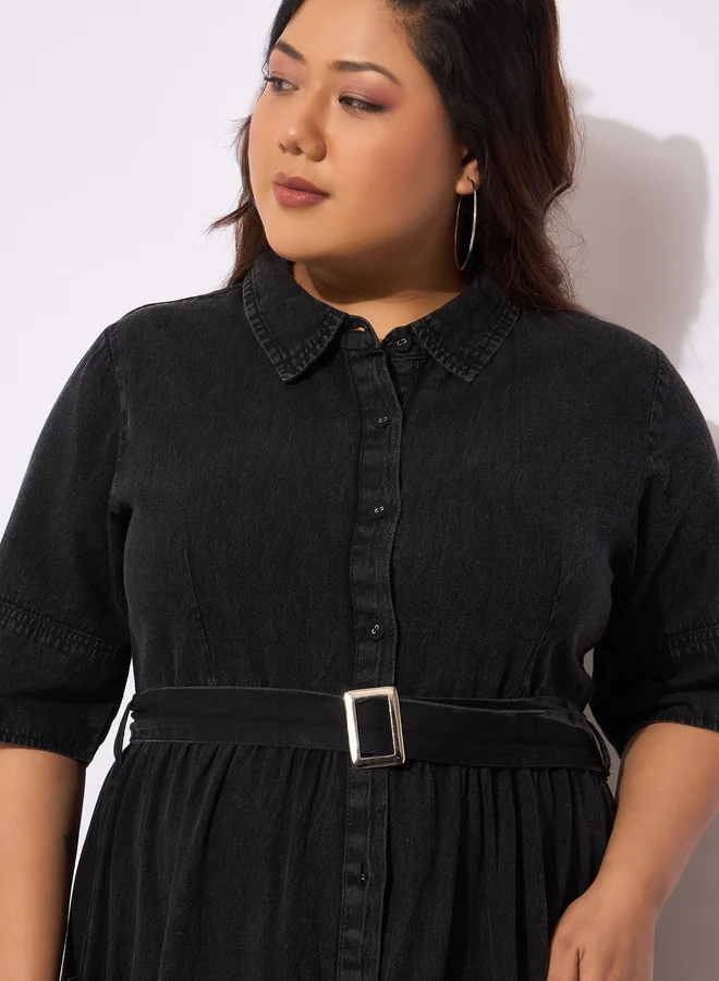 SASSAFRAS Belted Denim Midi Dress