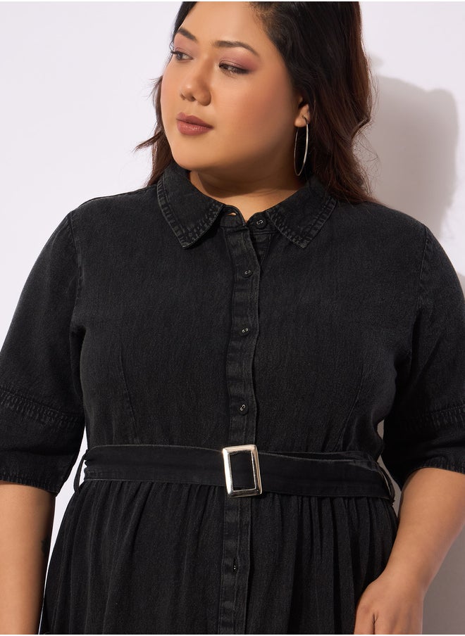 SASSAFRAS Plus Size Collared Buttoned Midi Dress with Belt  - Image 4