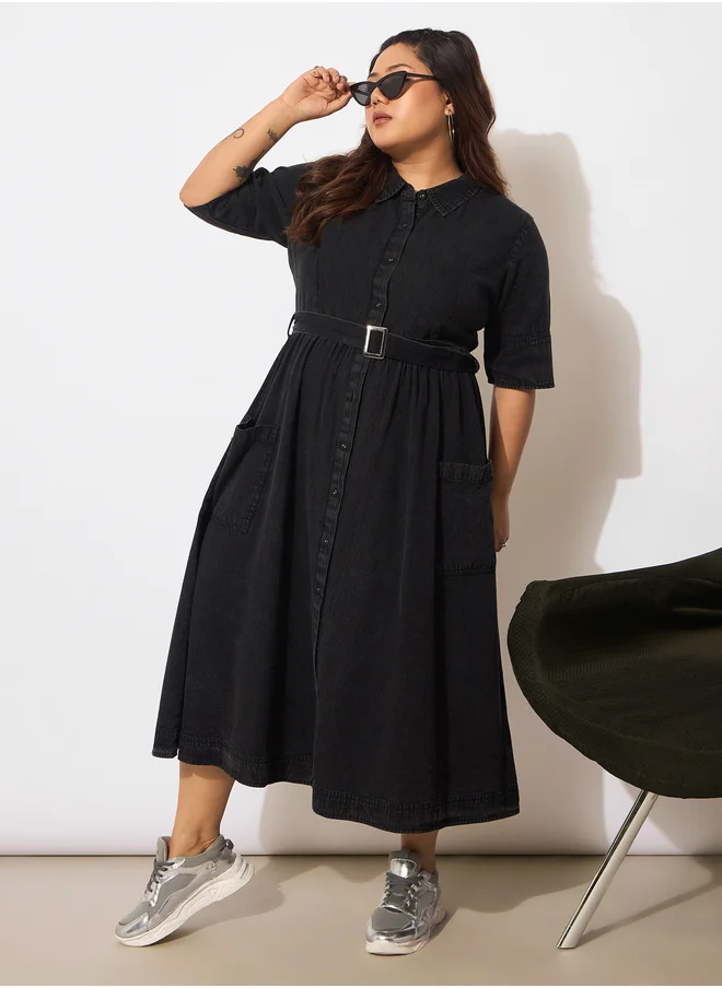 ساسافراس Plus Size Collared Buttoned Midi Dress with Belt