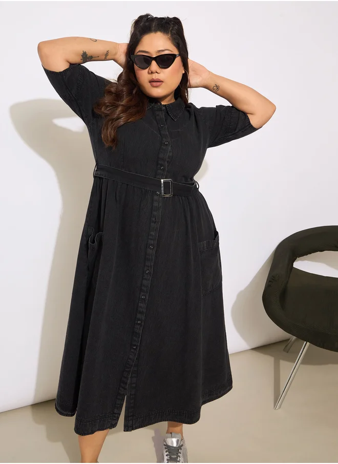 ساسافراس Plus Size Collared Buttoned Midi Dress with Belt