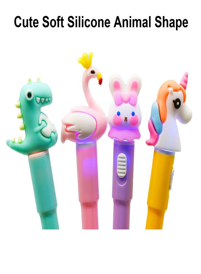 Maydahui 20 Pcs Cool Luminous Animal LED Light Pens Twistable Silicone Flamingo Unicorn Rabbit Dinosaur Light Up Ballpoint Pens Blue Ink for Office Decorations - Image 5