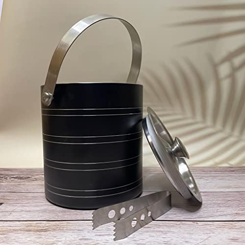 HAINE Double Wall Stainless Steel Bar Set of Ice Bucket with Air Tight Lid and Tong, 1.6 litres (Black) - Image 2