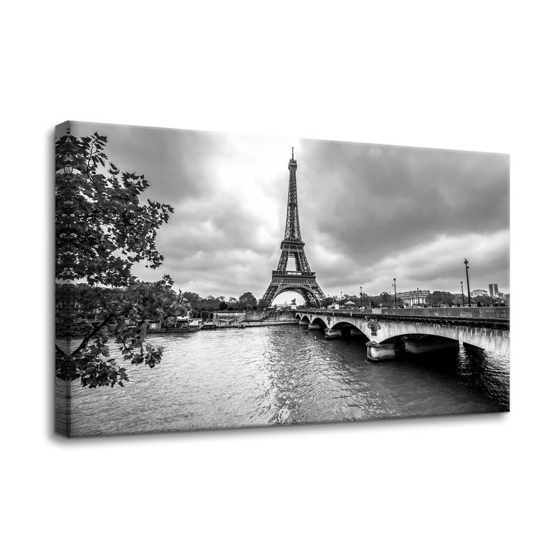 Pacimo Black and White Canvas Wall Art Decor Paris Eiffel Tower from Seine Pictures Painting for Home Decor France Cityscape Framed Gallery Wrapped Posters Prints for Living Room Bedroom 12"x18" - Image 1