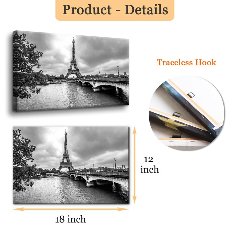 Pacimo Black and White Canvas Wall Art Decor Paris Eiffel Tower from Seine Pictures Painting for Home Decor France Cityscape Framed Gallery Wrapped Posters Prints for Living Room Bedroom 12"x18" - Image 5