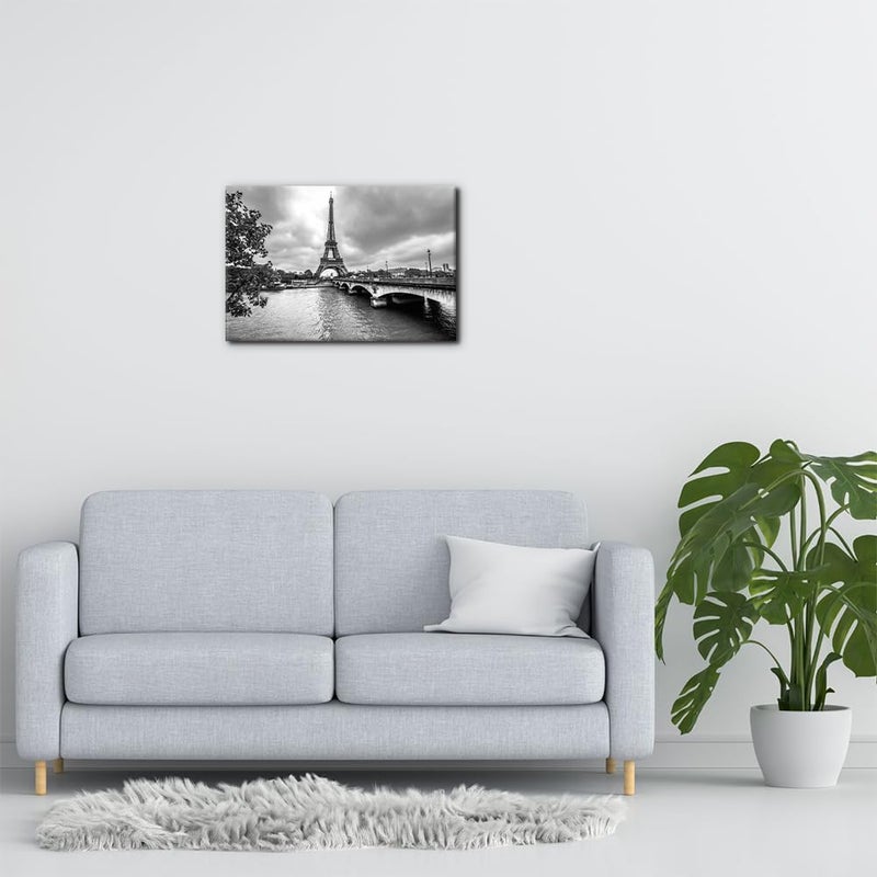 Pacimo Black and White Canvas Wall Art Decor Paris Eiffel Tower from Seine Pictures Painting for Home Decor France Cityscape Framed Gallery Wrapped Posters Prints for Living Room Bedroom 12"x18" - Image 2