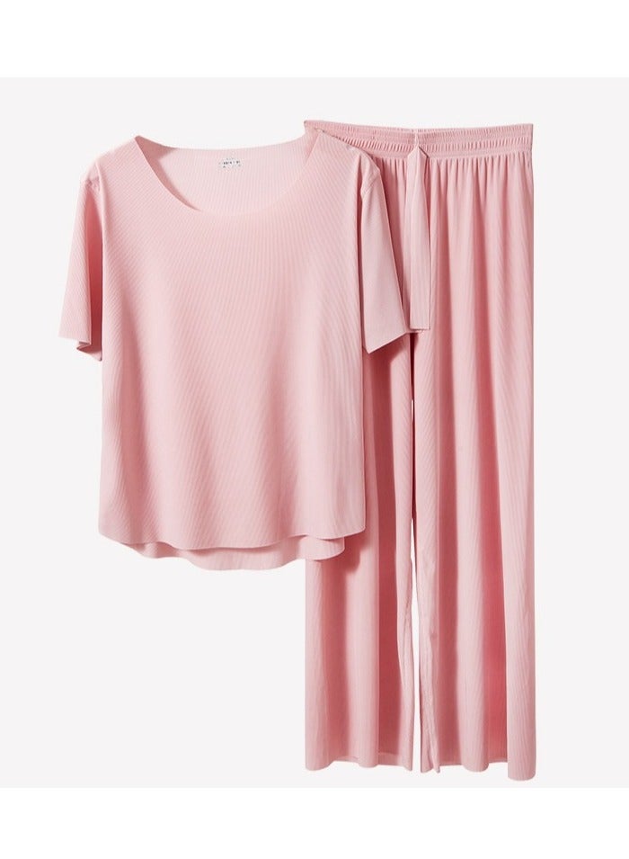 2-PCS Couples Pajamas Set ，Screw Thread Ice Silk Sleepwear Set，Women Solid Color Pullover Loungewear，Comfortable and Cool Nightwear，Leisure and Lightweight Home Wear(Pink)  - Image 1