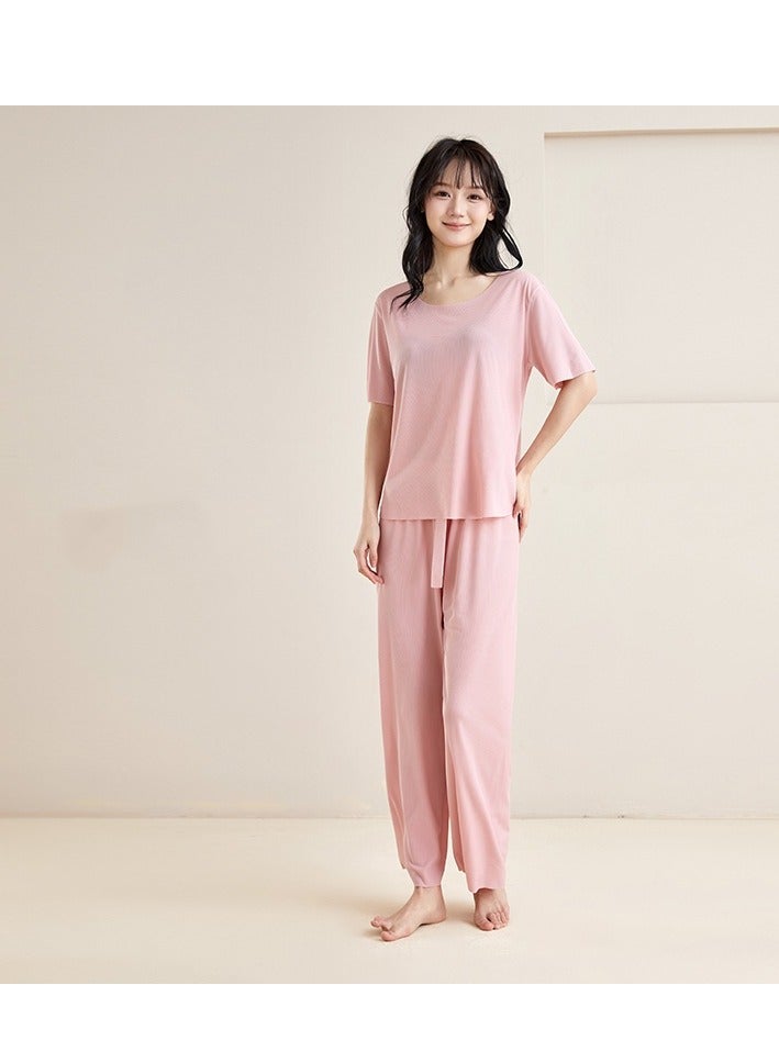 2-PCS Couples Pajamas Set ，Screw Thread Ice Silk Sleepwear Set，Women Solid Color Pullover Loungewear，Comfortable and Cool Nightwear，Leisure and Lightweight Home Wear(Pink)  - Image 4
