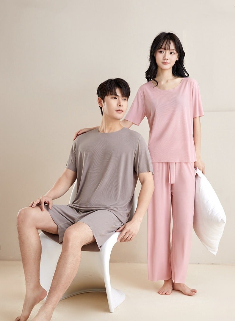 2-PCS Couples Pajamas Set ，Screw Thread Ice Silk Sleepwear Set，Women Solid Color Pullover Loungewear，Comfortable and Cool Nightwear，Leisure and Lightweight Home Wear(Pink)  - Image 3