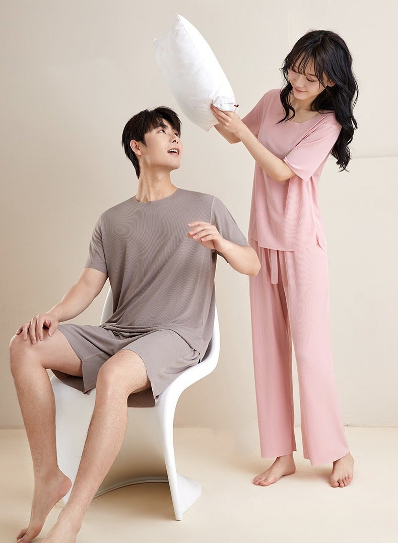 2-PCS Couples Pajamas Set ，Screw Thread Ice Silk Sleepwear Set，Women Solid Color Pullover Loungewear，Comfortable and Cool Nightwear，Leisure and Lightweight Home Wear(Pink)  - Image 2