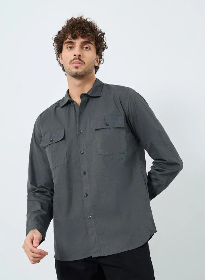 Styli Styli Men Charcoal Chambray Long Sleeve Regular Fit Shirt
