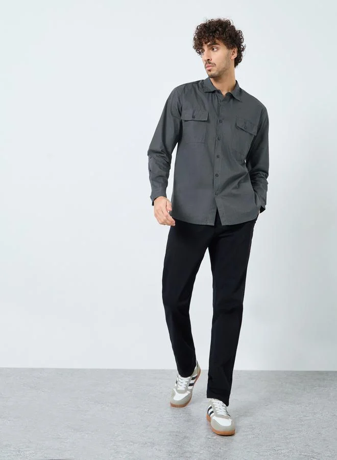 Styli Styli Men Charcoal Chambray Long Sleeve Regular Fit Shirt