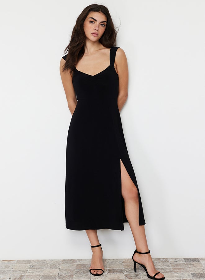 Black Plain Stretchy Knitted Dress
