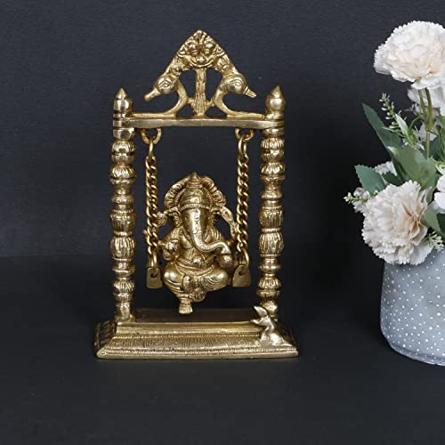 ARTVARKO Brass Lord Ganesha Bhagwan On Swing Brass Ganesh Idol Ganpati On Swing Jhoola Jhula for Home Office Temple Puja Décor Gift Height 22 Cm. - Image 1