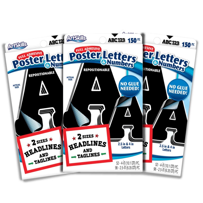 ArtSkills Paper Poster Letters and Numbers for Projects and Crafts 4 and 25 Black 150 Pieces Multiple Sheets Per Letter Pad Pack of 3 3 Count