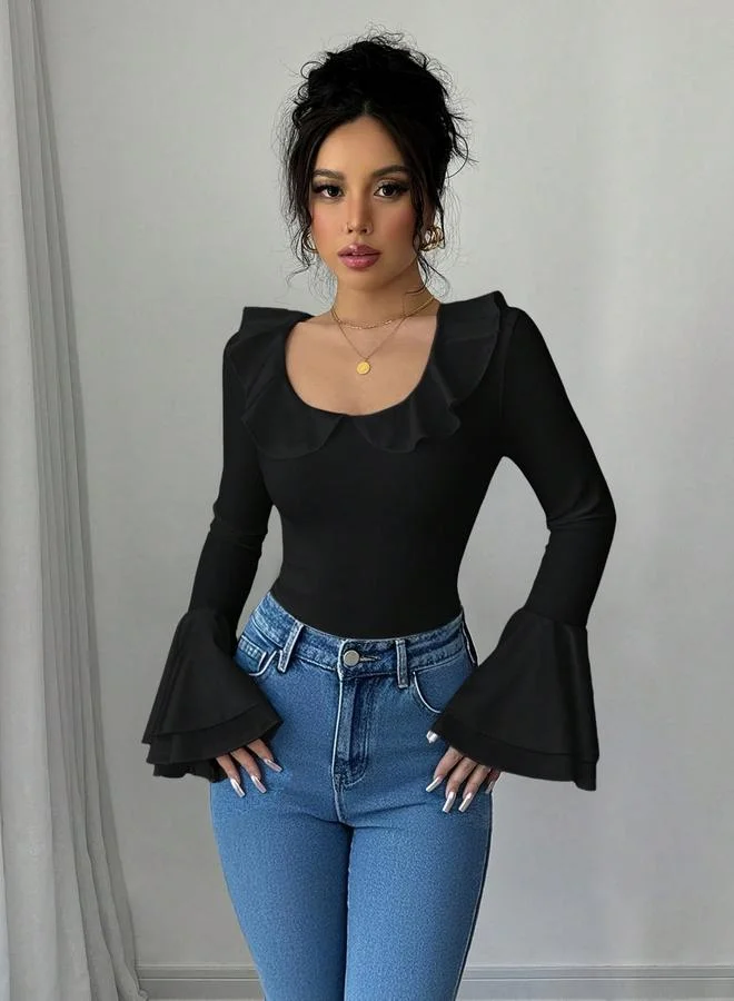 Take Two Women Black Solid Ruffled Neck Flare Sleeve Top