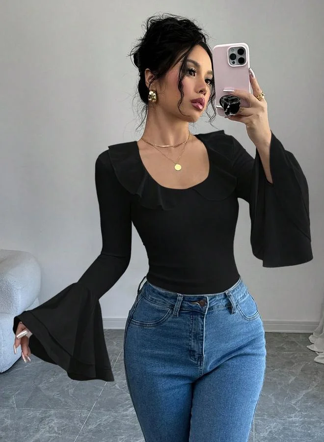 Take Two Women Black Solid Ruffled Neck Flare Sleeve Top