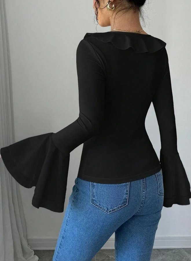 Take Two Women Black Solid Ruffled Neck Flare Sleeve Top
