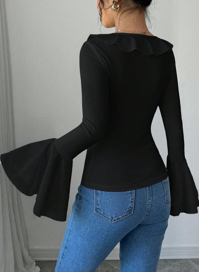 Take Two Women Black Solid Ruffled Neck Flare Sleeve Top - Image 2
