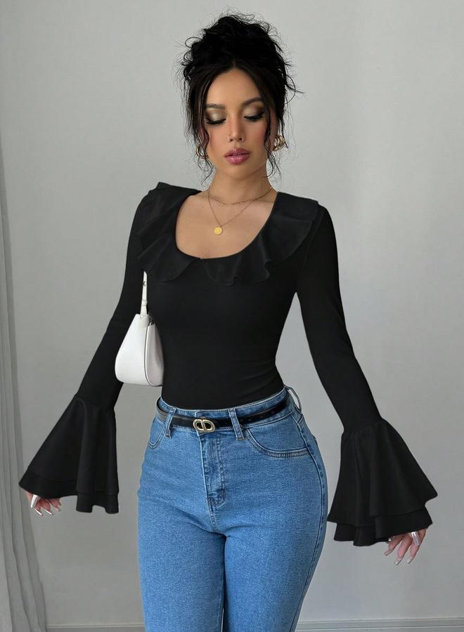 Take Two Women Black Solid Ruffled Neck Flare Sleeve Top - Image 4