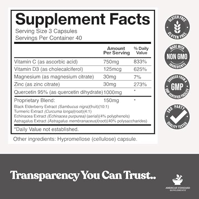 American Standard Supplements Quercetin 1000mg Per Serving with Zinc, Vitamin C, Vitamin D3, Magnesium, Elderberry, Echinacea, Turmeric, Astragalus - Gluten Free, Non-GMO, 120 Capsules, 40 Servings - Image 2