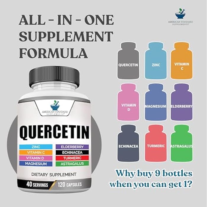 American Standard Supplements Quercetin 1000mg Per Serving with Zinc, Vitamin C, Vitamin D3, Magnesium, Elderberry, Echinacea, Turmeric, Astragalus - Gluten Free, Non-GMO, 120 Capsules, 40 Servings - Image 3