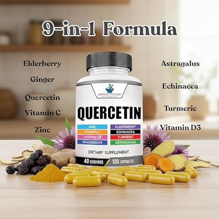 American Standard Supplements Quercetin 1000mg Per Serving with Zinc, Vitamin C, Vitamin D3, Magnesium, Elderberry, Echinacea, Turmeric, Astragalus - Gluten Free, Non-GMO, 120 Capsules, 40 Servings - Image 5