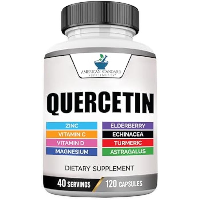 American Standard Supplements Quercetin 1000mg Per Serving with Zinc, Vitamin C, Vitamin D3, Magnesium, Elderberry, Echinacea, Turmeric, Astragalus - Gluten Free, Non-GMO, 120 Capsules, 40 Servings - Image 1
