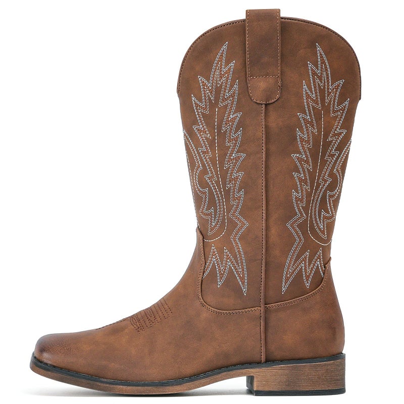 IUV Cowboy Boots For Women Square Toe Wide Western Boots Mid Calf Cowgirl Boots Pull On Embroidered Brown Cowboy Boots - Image 4