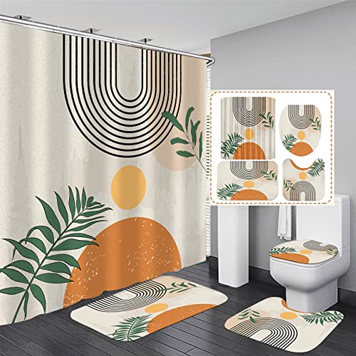 LQCOOL 4PCS Boho Shower Curtain Set Retro Orange Shower Curtain Bathroom Set with Rugs Abstract Shower Curtains for Bathroom with Carpet Bath Mat Toilet Rugs - Image 3