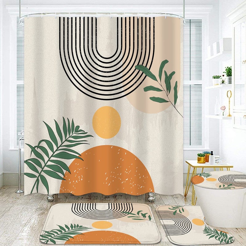 LQCOOL 4PCS Boho Shower Curtain Set Retro Orange Shower Curtain Bathroom Set with Rugs Abstract Shower Curtains for Bathroom with Carpet Bath Mat Toilet Rugs - Image 2