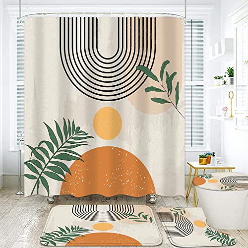 LQCOOL 4PCS Boho Shower Curtain Set Retro Orange Shower Curtain Bathroom Set with Rugs Abstract Shower Curtains for Bathroom with Carpet Bath Mat Toilet Rugs - Image 1