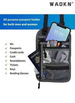 WAOKN Multi-function Travel Passport Holder RFID Anti-theft Neck Bag, Passport Organizer Pouch, Secure Travel Bag, Air Ticket Holder, Unisex Chest Bag for Smartphone, Travel Documents, and Money, Grey  - Image 2