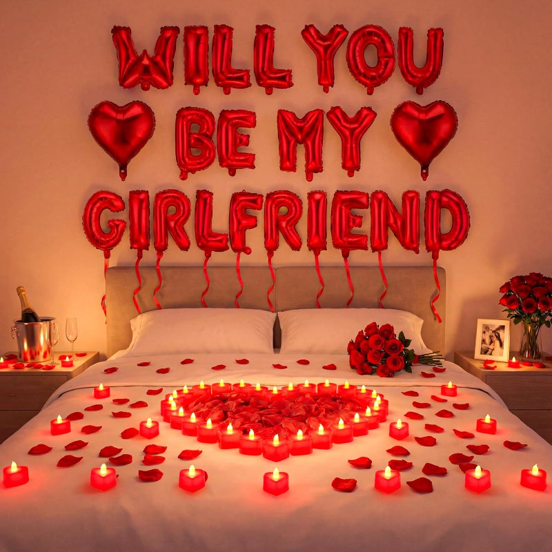 Seenelling Will You Be My Girlfriend Balloon Proposal Decor 24 LED Flameless Tealight Heart Candle 2000 Artificial Rose Petals Love Balloon for Engagement Wedding Decor Romantic Special NightRed - Image 3