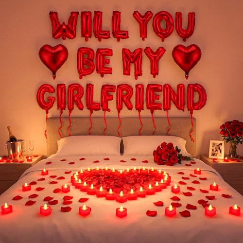 Seenelling Will You Be My Girlfriend Balloon Proposal Decor 24 LED Flameless Tealight Heart Candle 2000 Artificial Rose Petals Love Balloon for Engagement Wedding Decor Romantic Special NightRed - Image 1