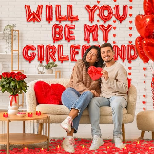 Seenelling Will You Be My Girlfriend Balloon Proposal Decor 24 LED Flameless Tealight Heart Candle 2000 Artificial Rose Petals Love Balloon for Engagement Wedding Decor Romantic Special NightRed - Image 5