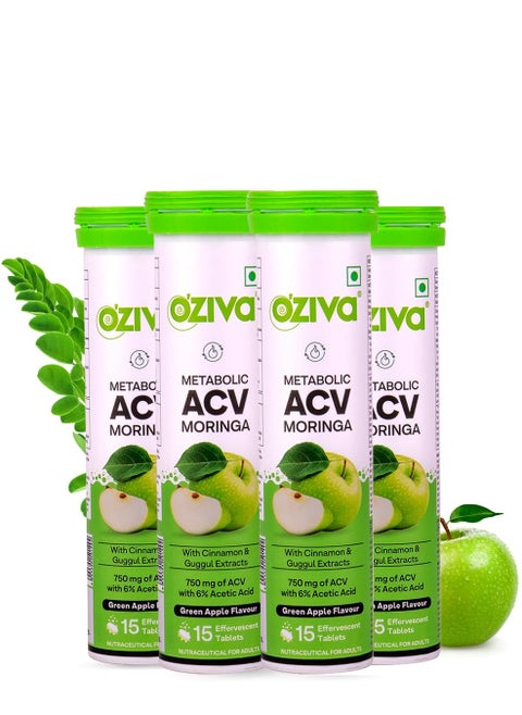 ACV Moringa Control Cravings Apple Cider Vinegar Cinnamon Guggul No Maltodextrin No Added Sugar 15 Effervescent Tablets Green Apple Pack of 4 60 Tablets