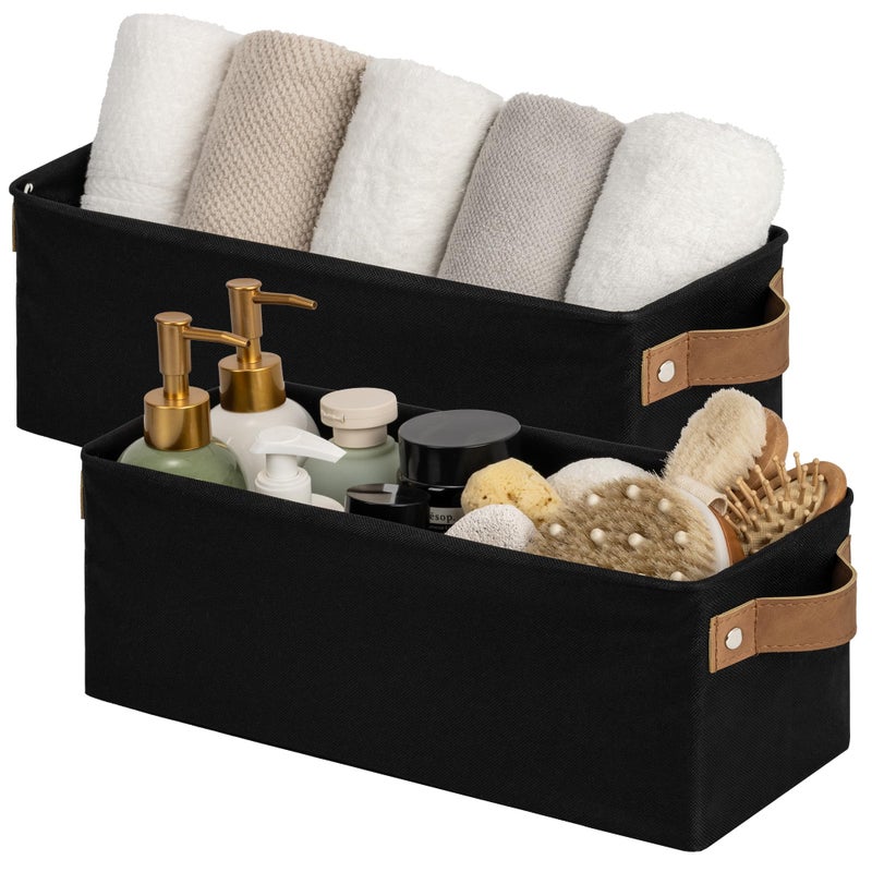 StorageWorks Narrow Storage Bins, Small Basket for Closet and Shelves, Fabric Organizer with Handles, Toilet Paper Storage, Black, 2-Pack - Image 1